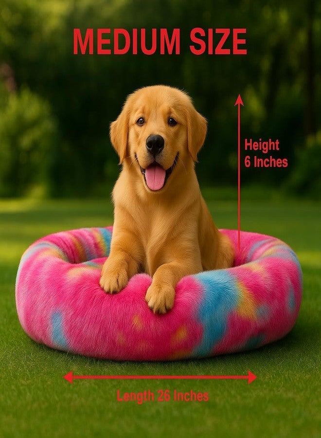 RoverPets Calming Dog & Cat Bed |Medium Bed| Length 26 Inches, Width 26 Inches, Height 6 Inches | Soft Fluffy Donut Cuddler | Cozy Plush Anti-Anxiety Cushion for Comfortable Sleep,Multi Color - Image 2